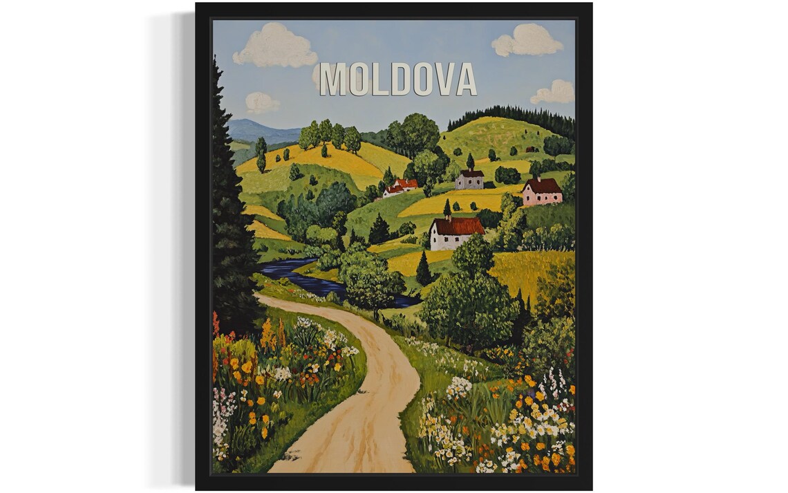 Moldova Green Rolling Hills with Farmhouses and River Travel Poster