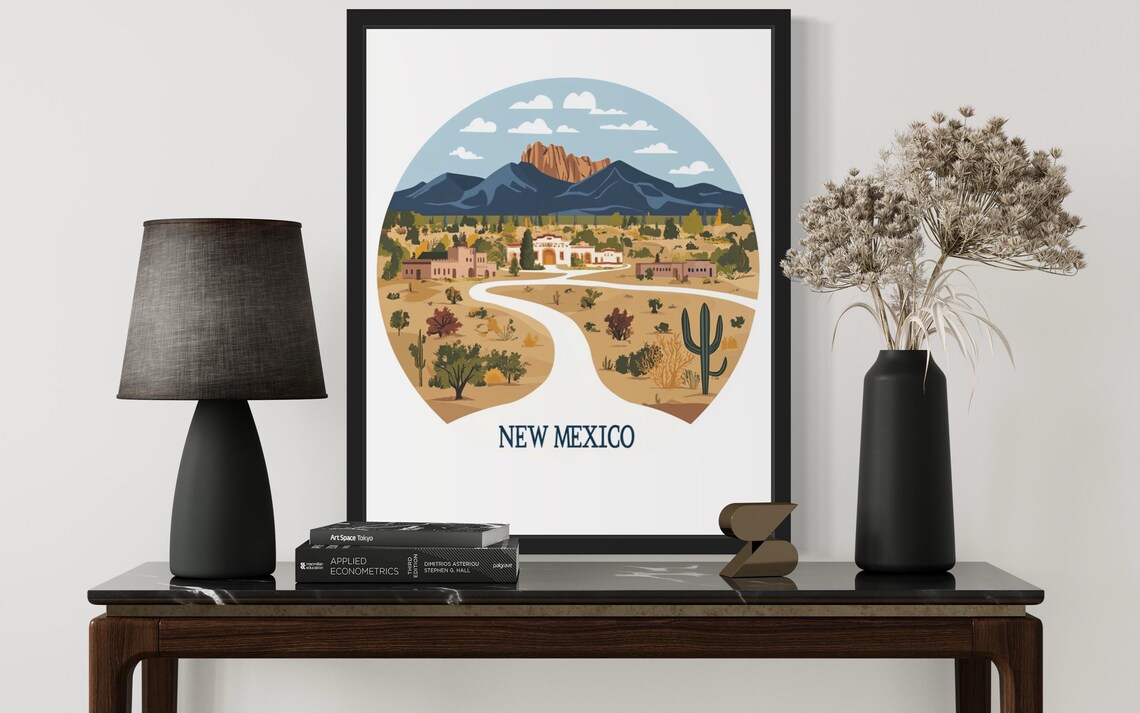 New Mexico Desert Vista With Adobe Pueblo Village Road Poster - Image 3