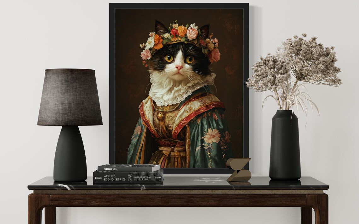 Black And White Cat Greek Goddess Floral Crown Portrait Poster - Image 3