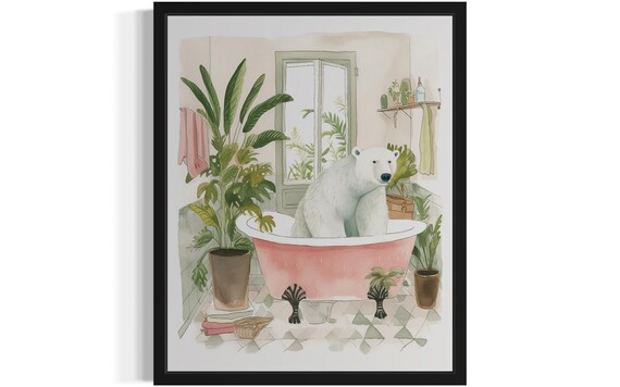 Polar Bear Sitting in a Pink Bathtub Watercolor Bathroom Art Poster