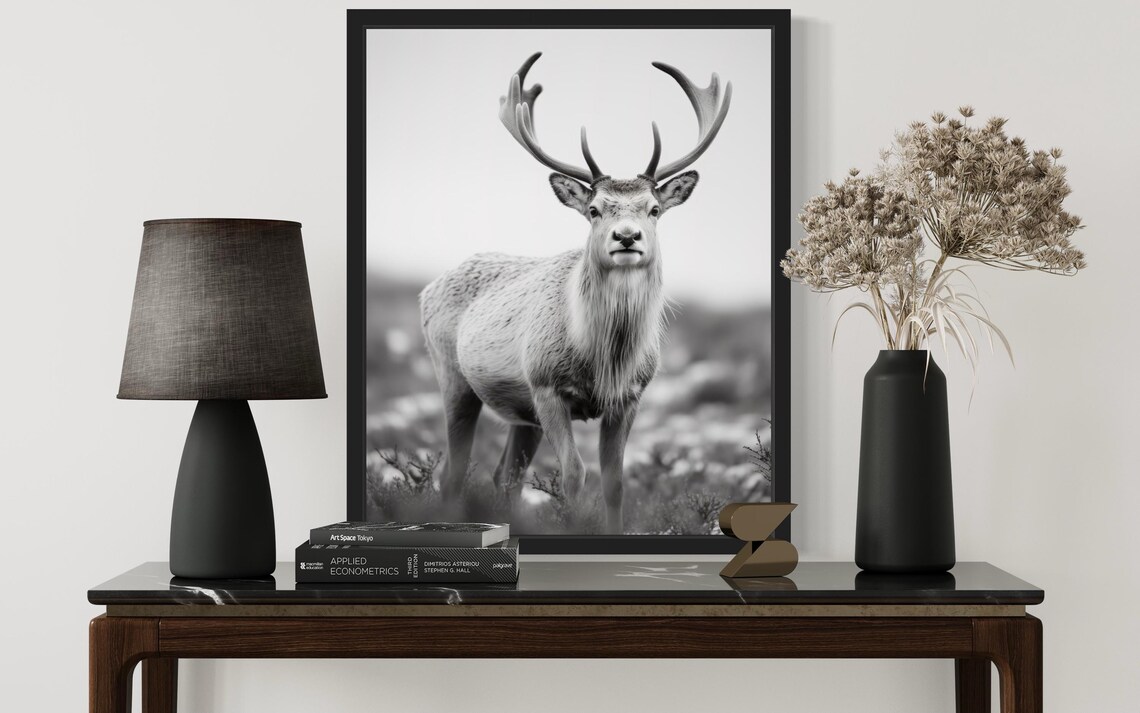 Stag with Grand Antlers Monochrome Wildlife Photography Decor Poster - Image 2