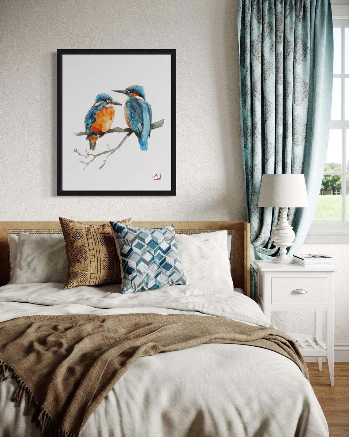 Two Kingfishers Perched Together In Watercolor Bird Art Poster - Image 4