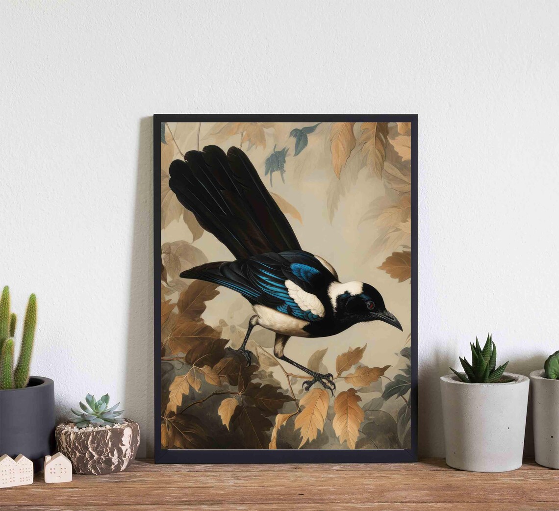 Black Billed Magpie Among Autumn Leaves Vintage Bird Art Poster - Image 4