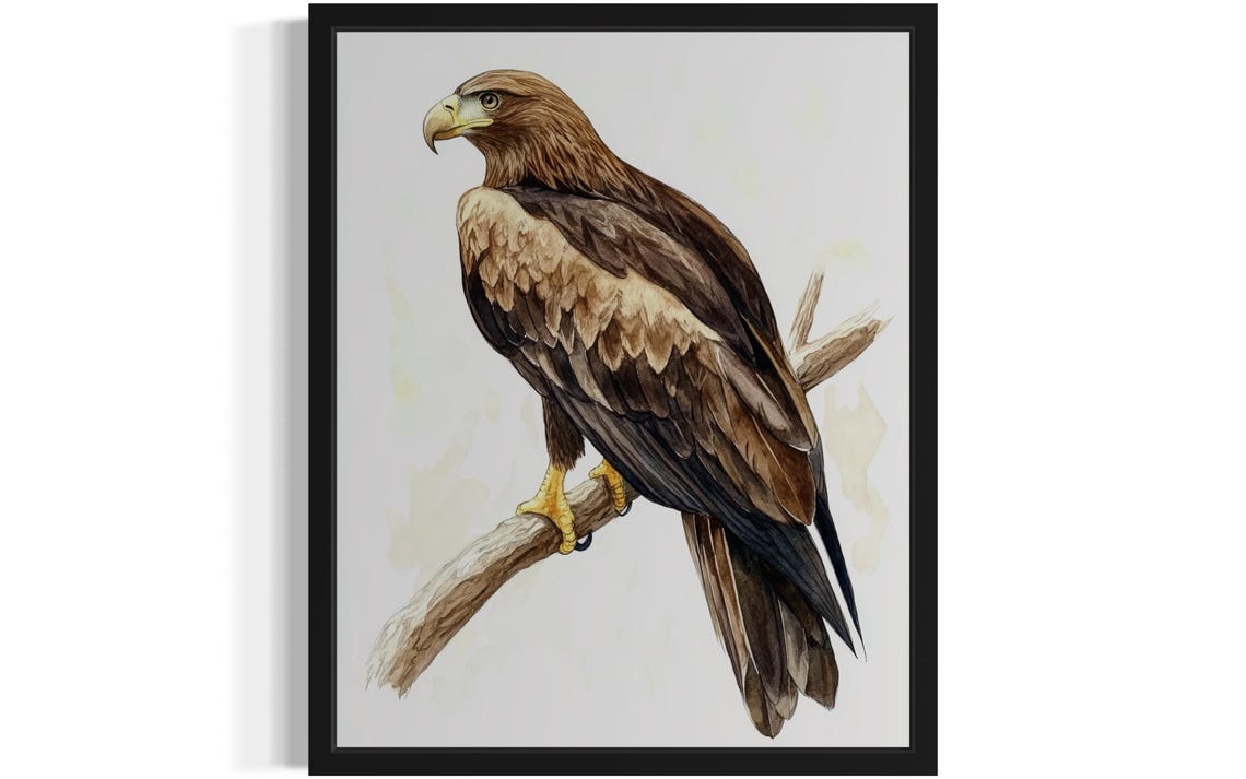 Mighty Golden Eagle Perched on Branch Watercolor Bird Art Poster