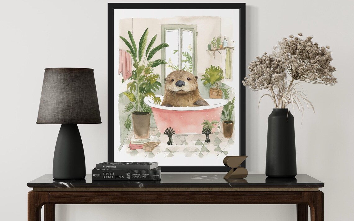 Sea Otter Relaxing in a Pink Bathtub Bathroom Fine Art Decor Poster - Image 2