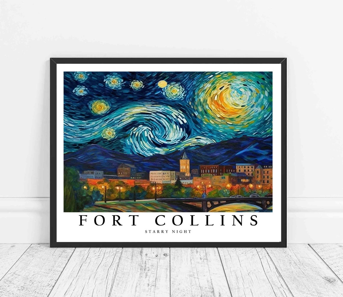 Fort Collins Starry Night Bridge Clock Tower Mountain View Poster