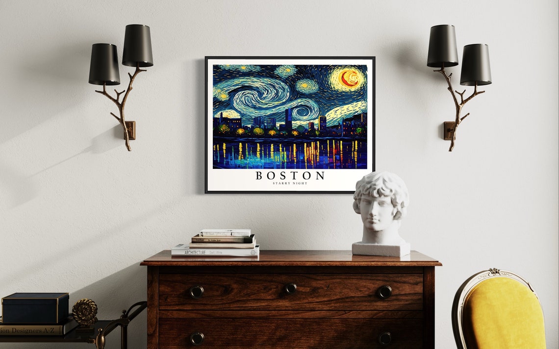 Boston Starry Night Waterfront Lights Reflection Skyline Poster - Image 4