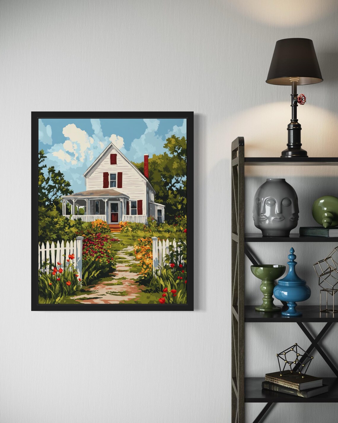 White Farmhouse Red Shutters Picket Fence Flower Garden Art Poster - Image 4