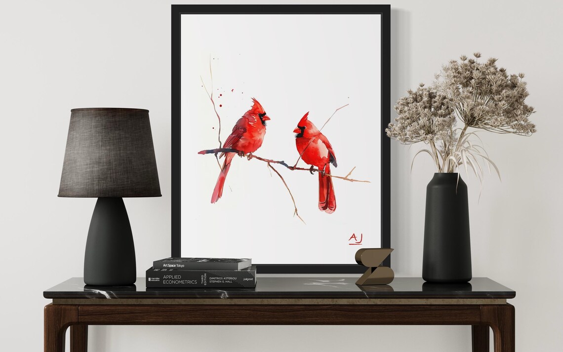 Pair of Red Cardinals on Bare Branch Minimalist Watercolor Poster - Image 2