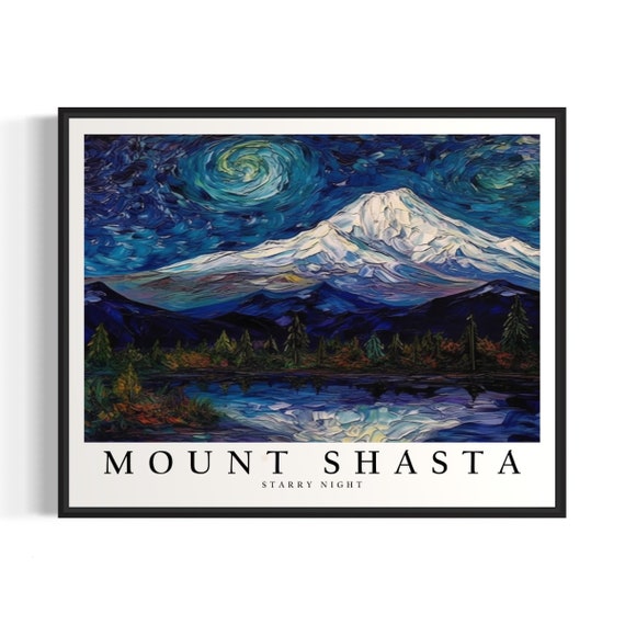 Mount Shasta Starry Night Art Print Van Gogh Style Poster Wall Art Original Painting Decor