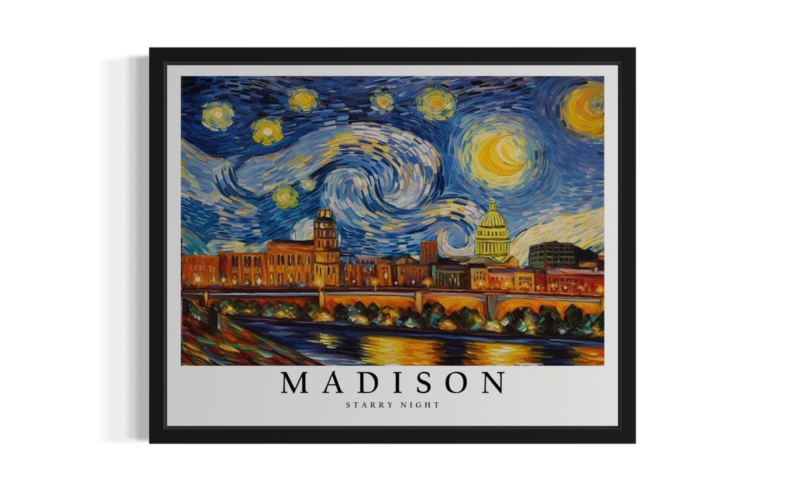 Madison Wisconsin Capitol Skyline in Starry Night Style Poster