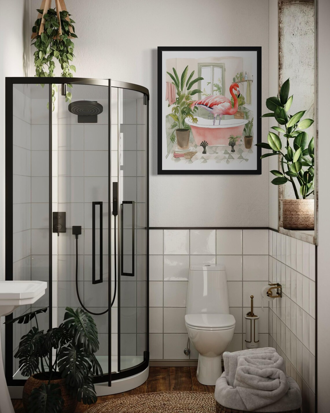 Flamingo Standing in a Pink Clawfoot Tub Watercolor Bathroom Poster - Image 3