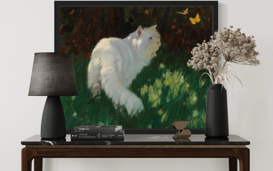 White Longhaired Cat In Sunlit Garden Watching Yellow Butterflies Poster - Image 3