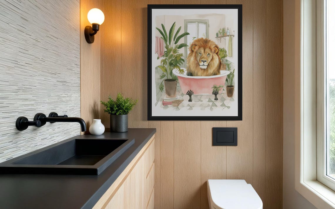 Majestic Lion Soaking in a Pink Bathtub Funny Bathroom Decor Print - Image 4