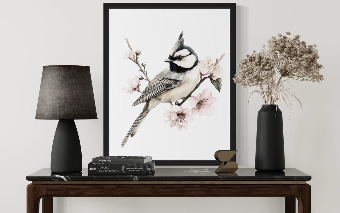 Crested Tit Perched on a Pink Blossomed Branch Watercolor Poster - Image 2