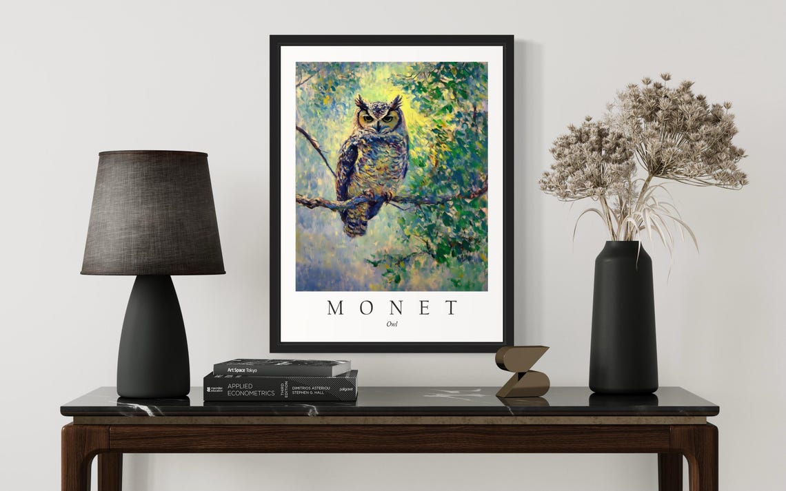 Great Horned Owl Resting on a Branch Monet Style Wildlife Poster - Image 3