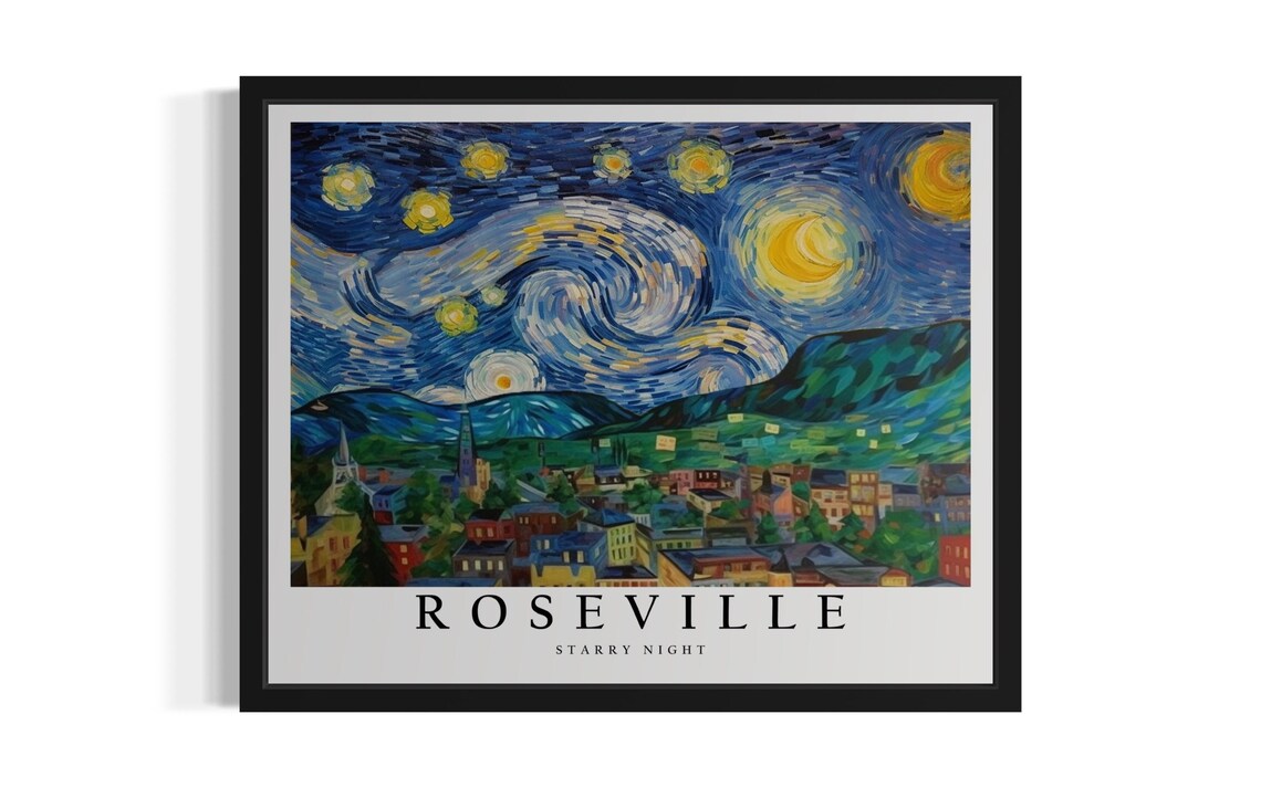 Roseville California Starry Night Church Steeples Town Art Poster