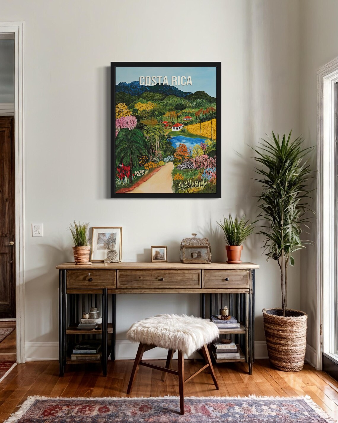 Costa Rica Lush Flower Valley Jewel Blue Lake Folk Art Poster - Image 2