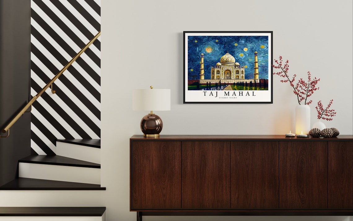 Taj Mahal India Starry Night Marble Palace Reflection Art Poster - Image 4