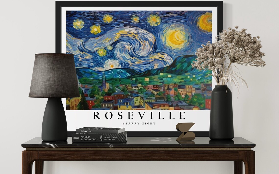 Roseville California Starry Night Church Steeples Town Art Poster - Image 3