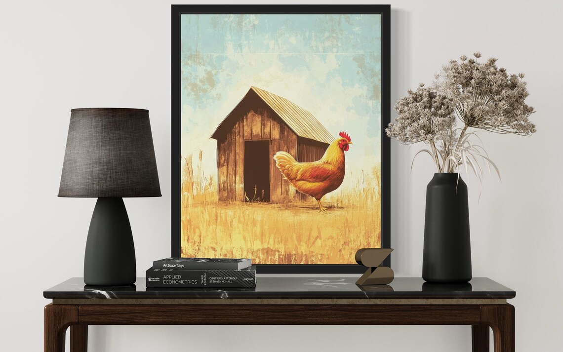 Golden Hen By Wooden Coop Rustic Farm Country Field Art Poster - Image 3