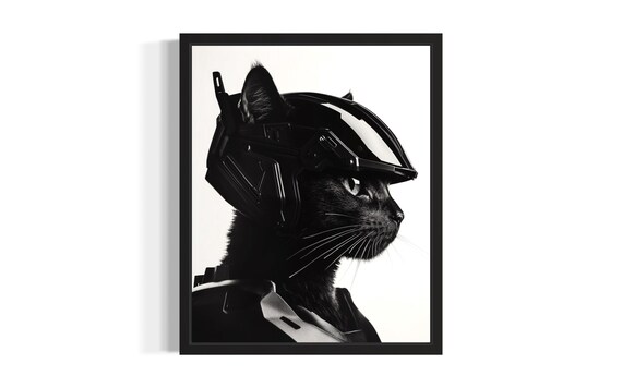 Black Cat Futuristic Robot Helmet Profile Monochrome Sci Fi Art Poster