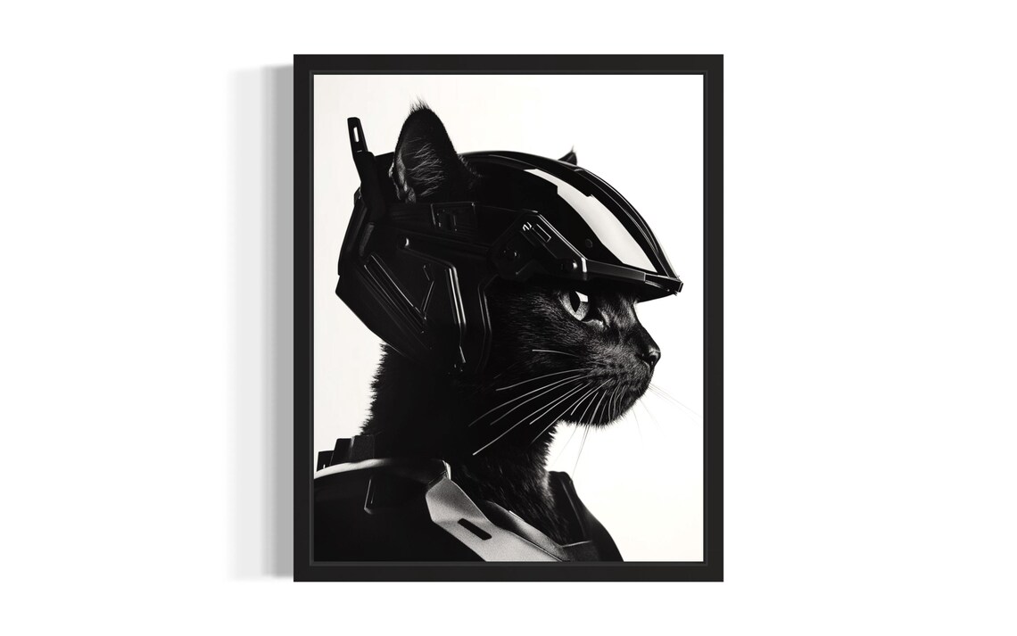 Black Cat Futuristic Robot Helmet Profile Monochrome Sci Fi Art Poster
