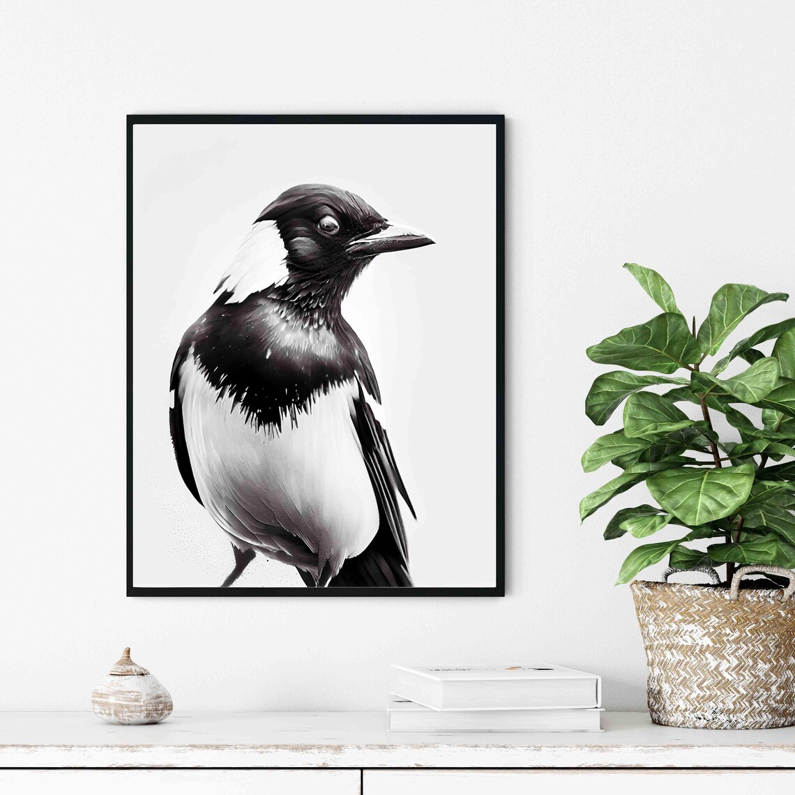 Bold Magpie Bird Portrait in Black and White Fine Art Poster - Image 2