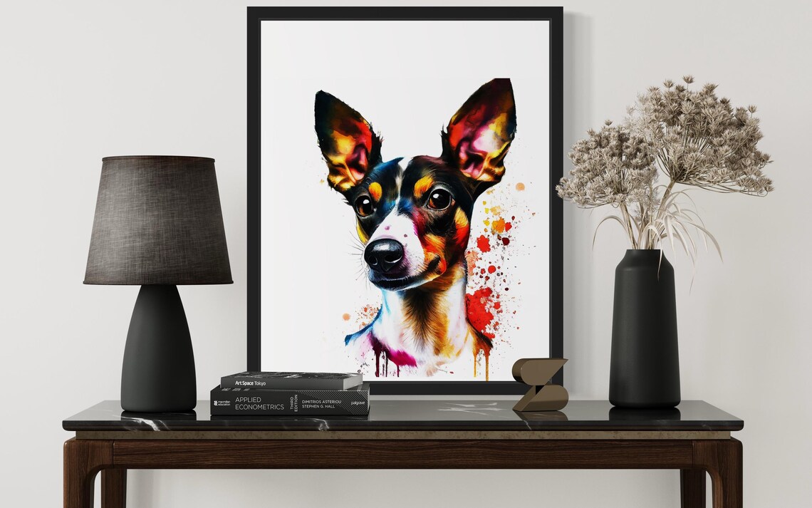 Alert Rat Terrier Dog Vibrant Rainbow Watercolor Portrait Poster - Image 3