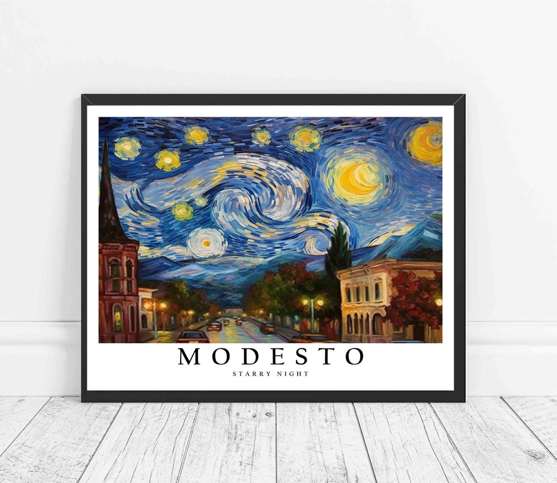 Modesto Starry Night Main Street Church Tower Warm Glow Poster