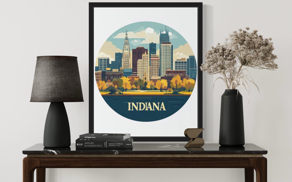 Indiana Downtown Skyline Circle Autumn Trees Riverbank Poster - Image 3