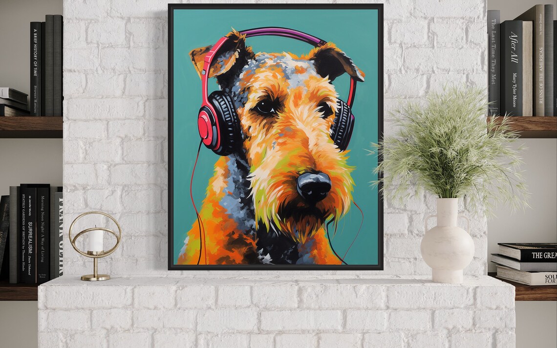 Airedale Terrier Dog Wearing Bright Pink Headphones Pop Art Poster - Image 4