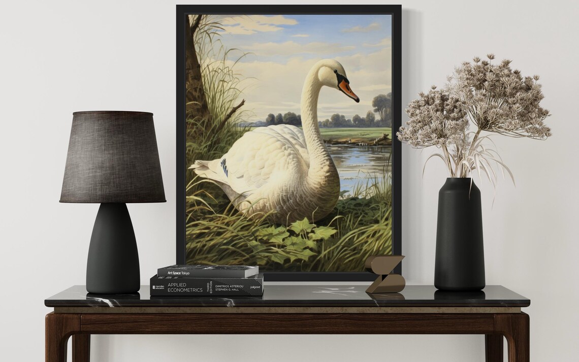 Mute Swan Resting in Tall Grass by the River Vintage Waterfowl Poster - Image 3