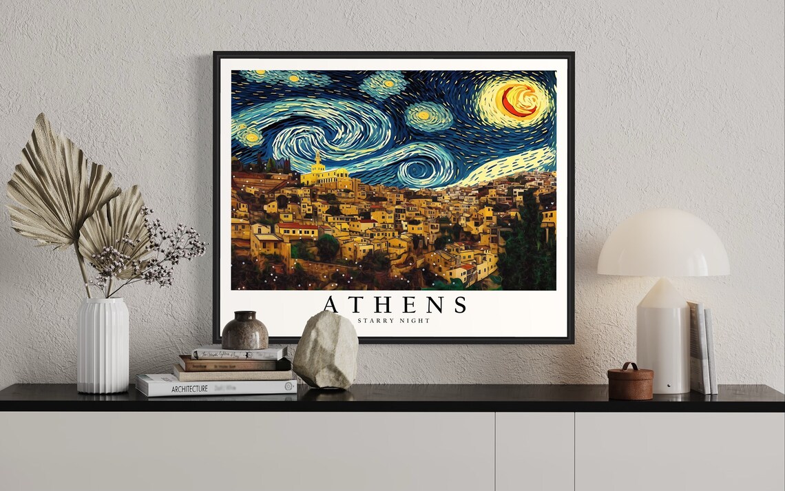 Athens Greece Starry Night Old Town Hillside Glowing City Night Art Poster - Image 2