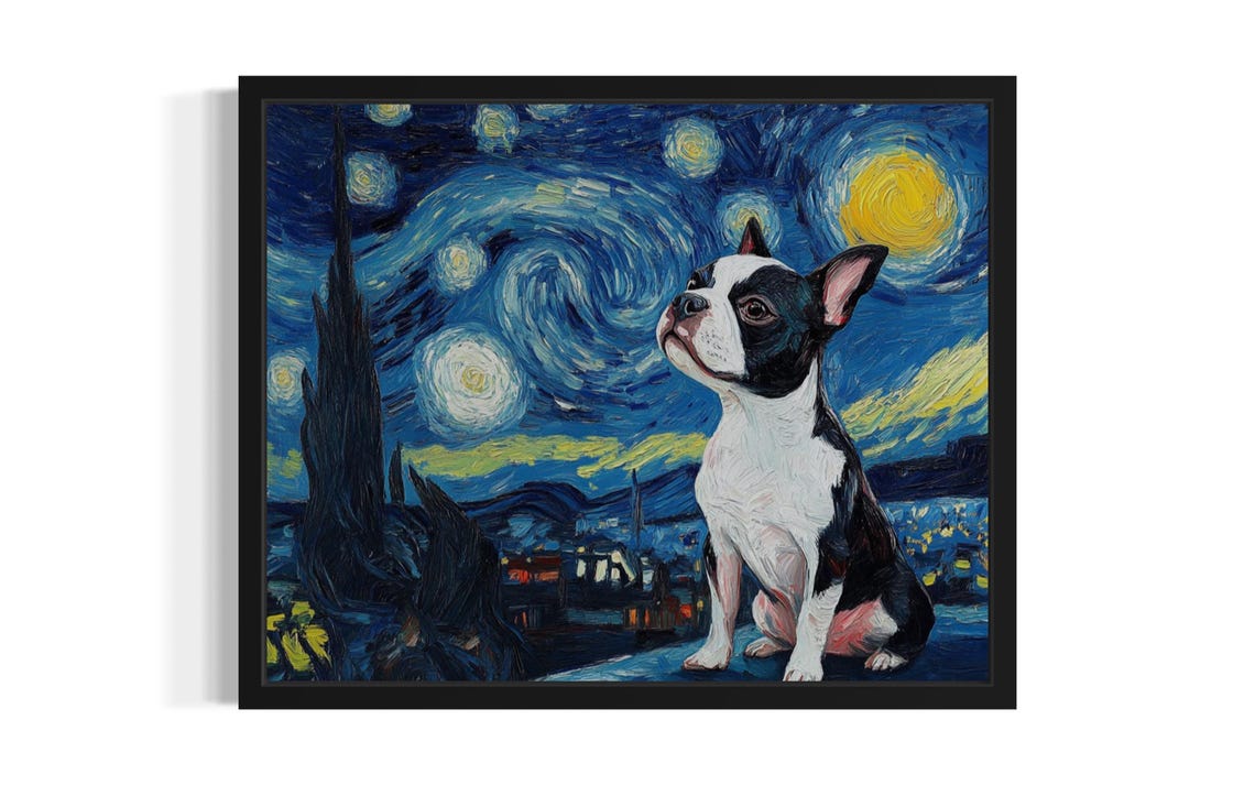 Boston Terrier Starry Night Van Gogh Style Puppy Portrait Poster