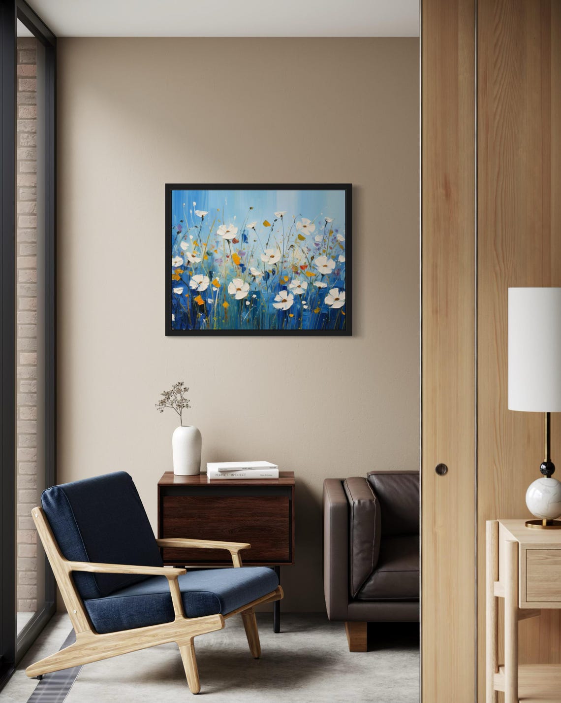 White Wildflowers Dancing Against Deep Blue Sky Painting Poster - Image 2