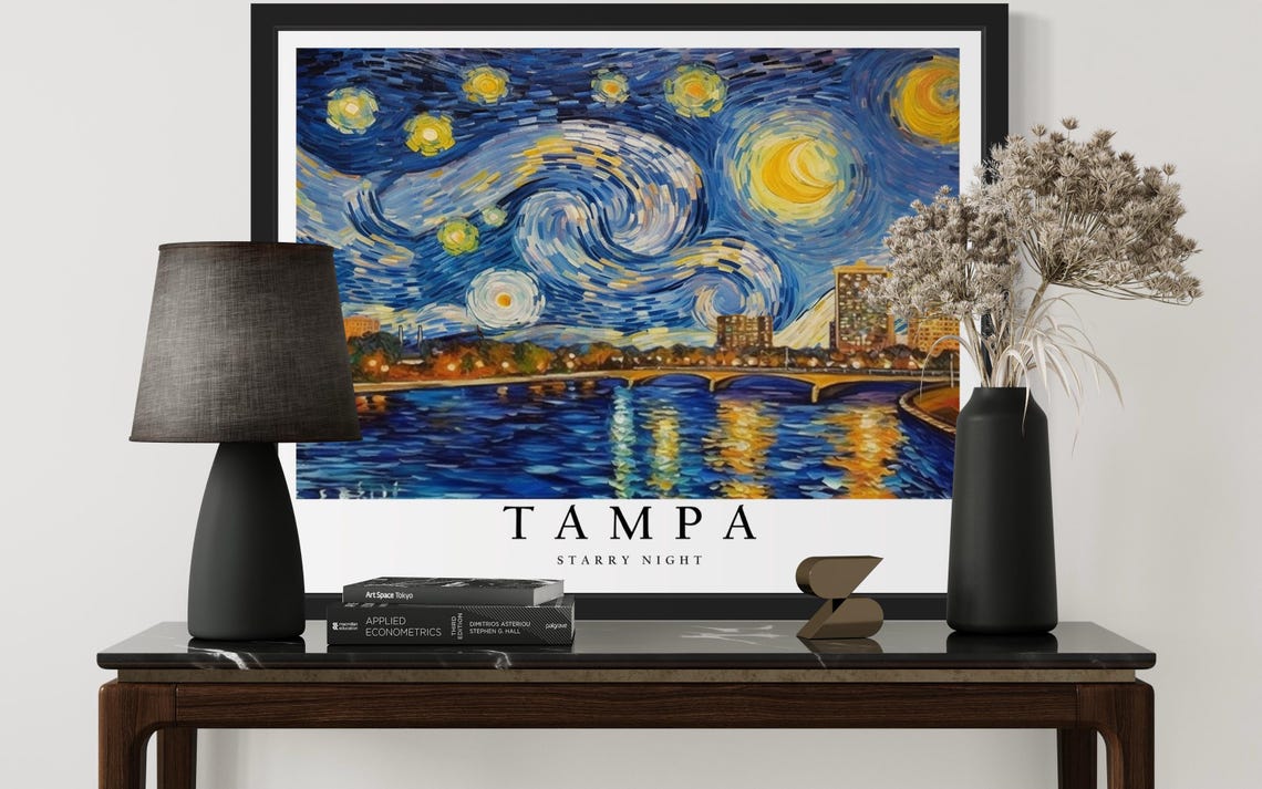 Tampa Florida Starry Night Bayfront Skyline Bridge Art Poster - Image 3
