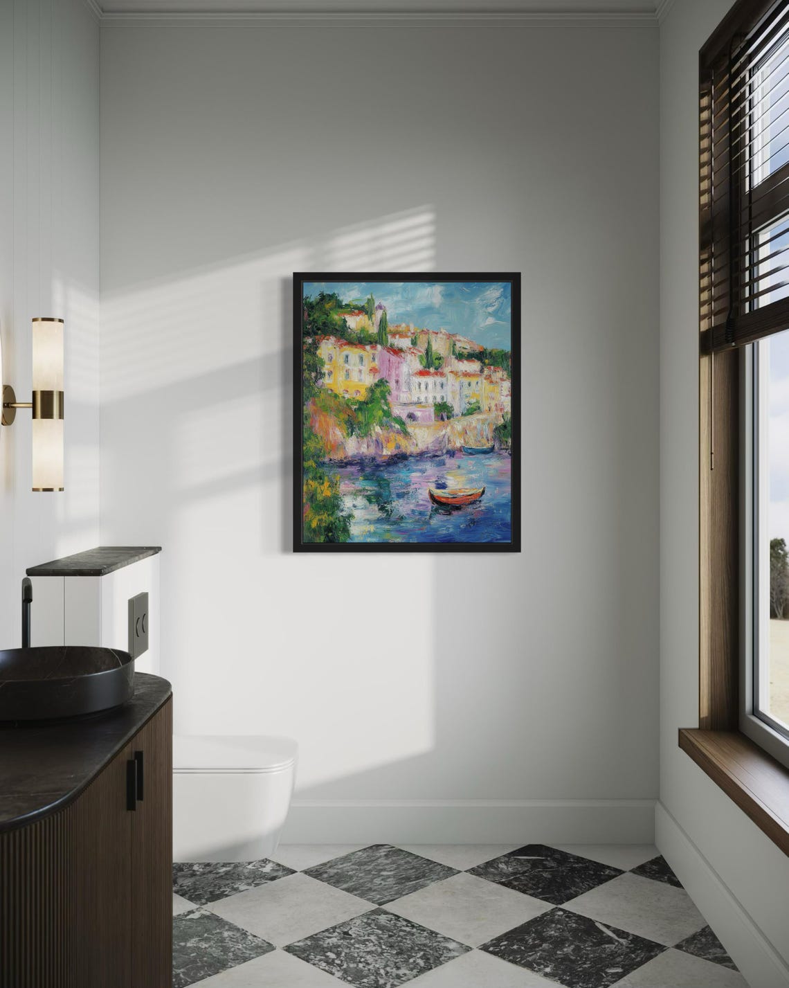 Portugal Coastal Hillside Town with a Boat Monet Style Poster - Image 4