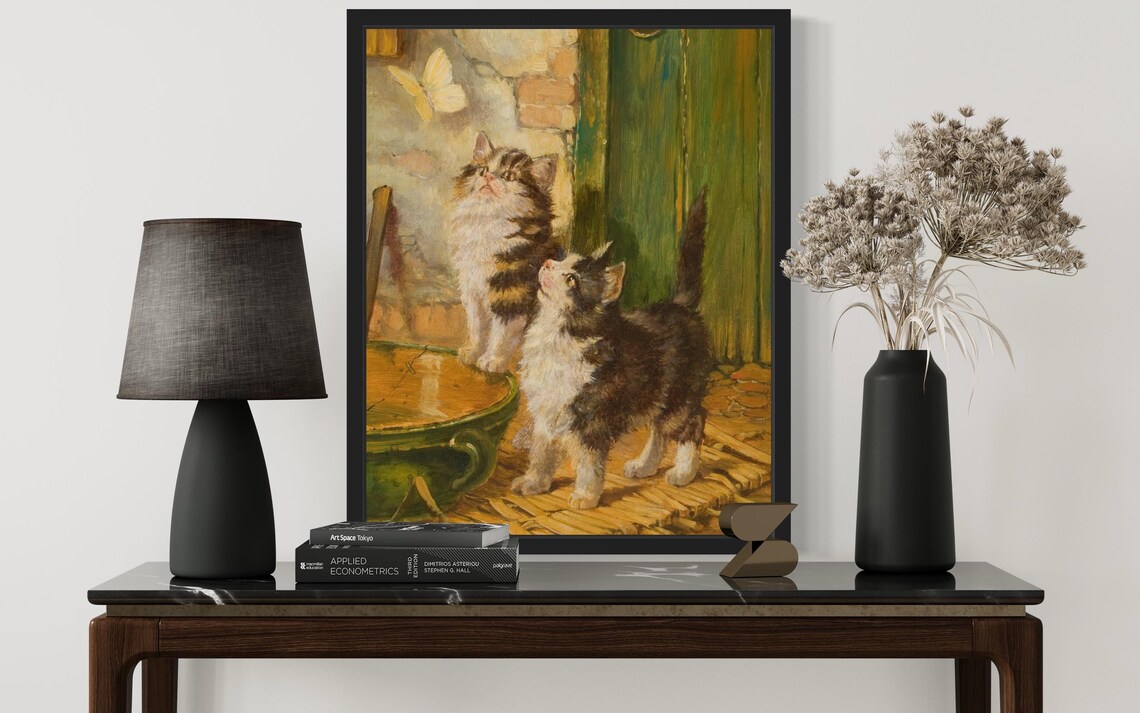 Two Fluffy Kittens Watching White Butterfly By Green Door Vintage Poster - Image 2