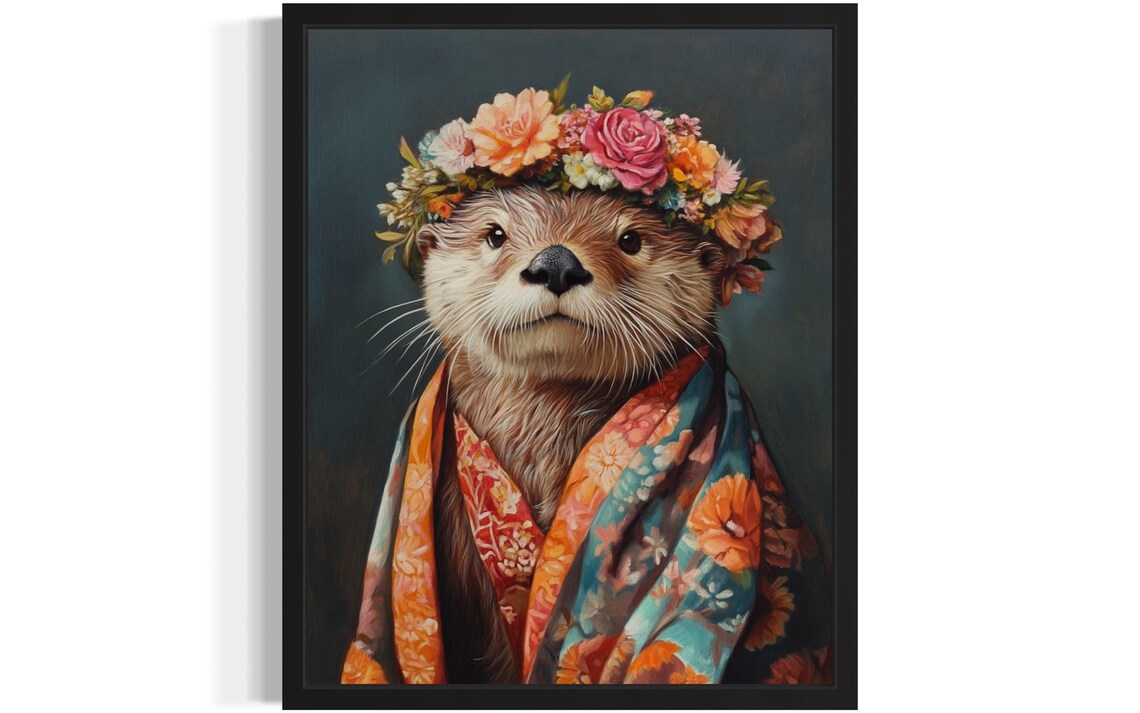 Sea Otter Wearing Flower Crown and Floral Kimono Whimsical Art Poster