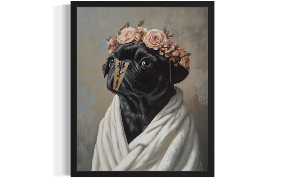 Black Pug Flower Crown Clothespin Funny Bathroom Decor Poster