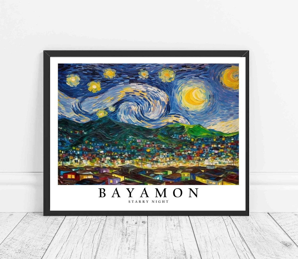 Bayamon Starry Night Hillside Town Colorful Lights View Poster