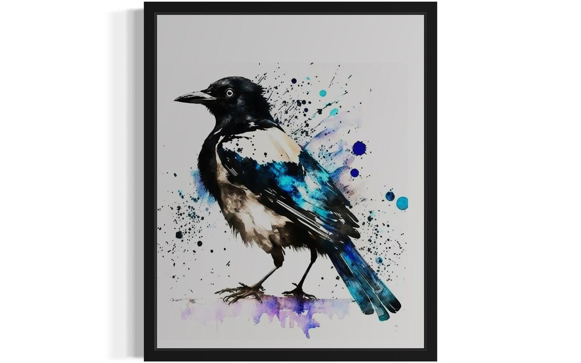 Magpie Perched In Blue Black Watercolor Splash Style Bird Poster