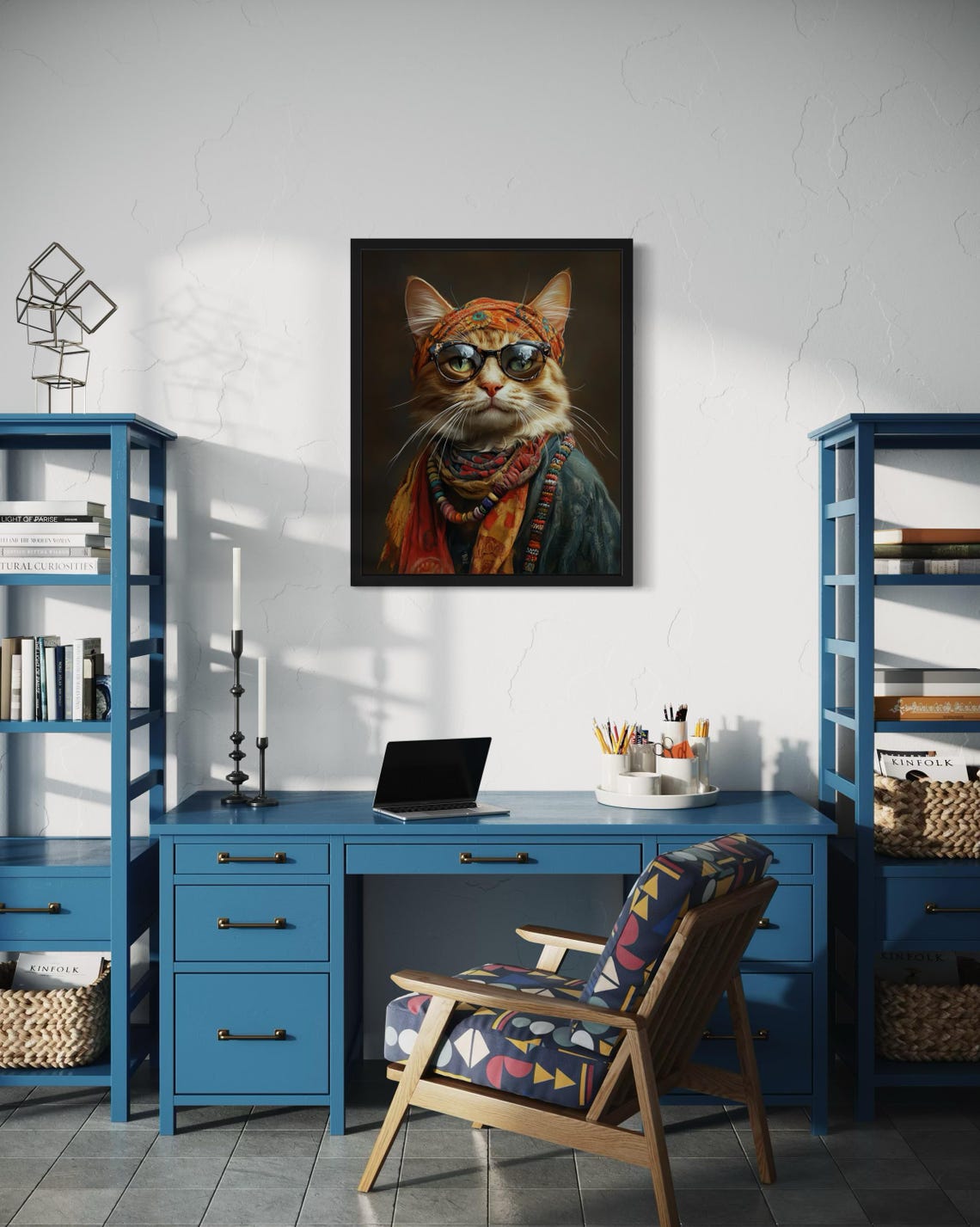 Hippie Cat Portrait With Headscarf Glasses And Beads Art Poster - Image 4