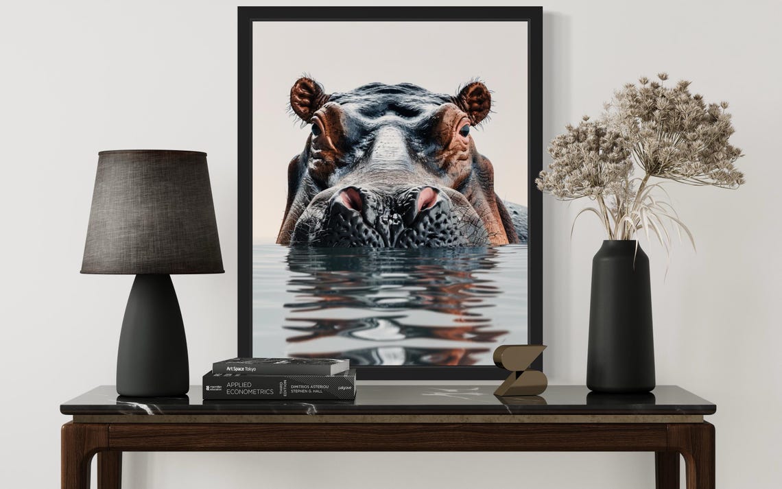 Hippo Emerging from Water Front View Minimalist Photo Poster - Image 2