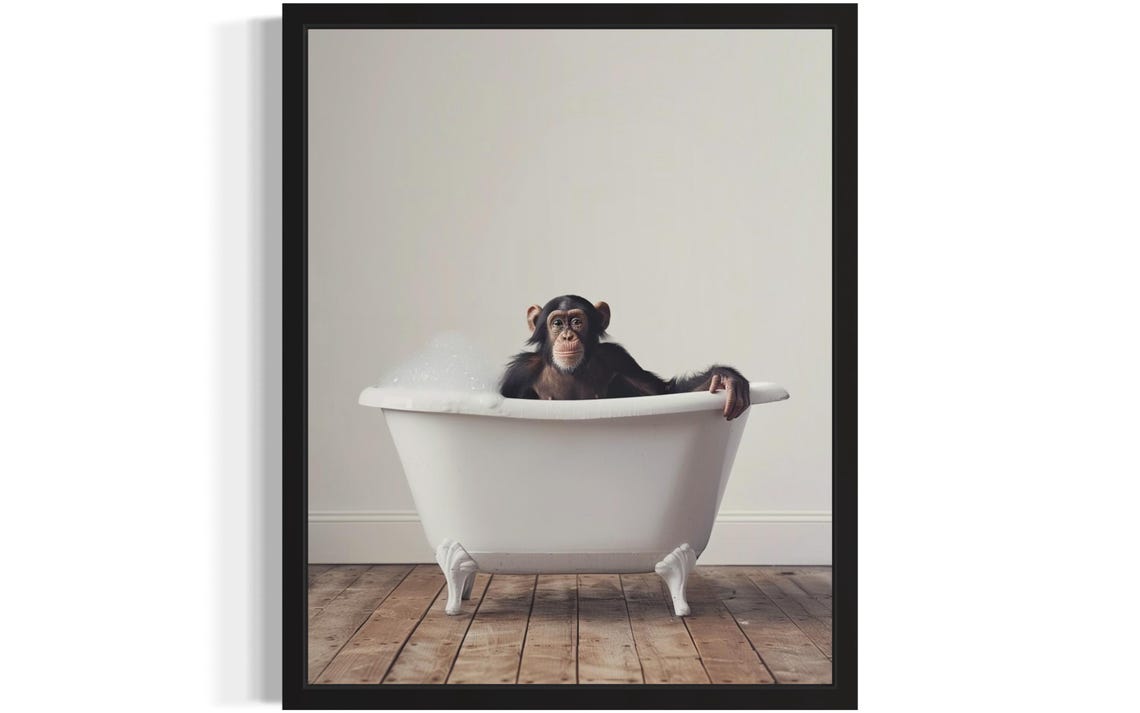 Playful Baby Chimpanzee Taking Bubble Bath Vintage Tub Funny Poster