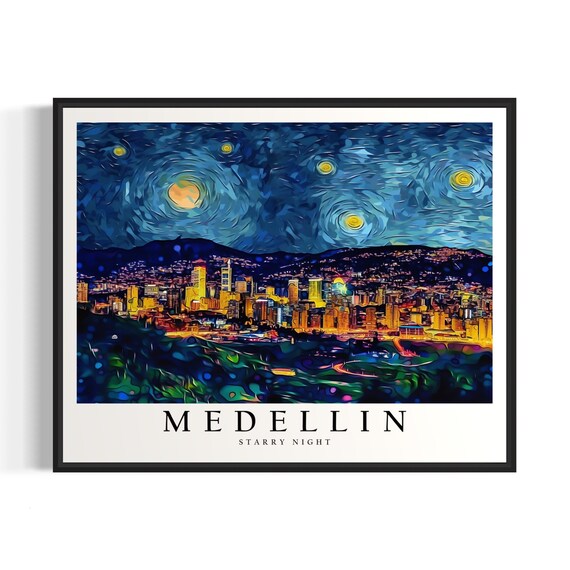 Medellin Colombia Starry Night Valley City Lights Glowing Night Art Poster