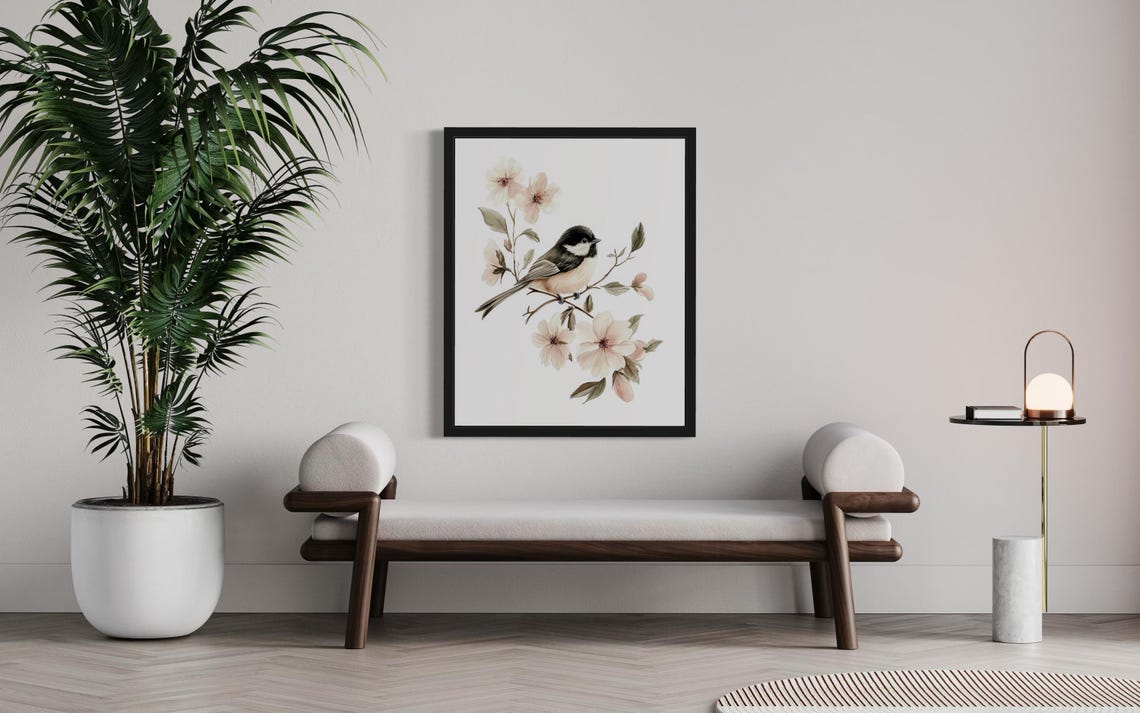 Black Capped Chickadee On Cherry Blossom Watercolor Bird Poster - Image 3