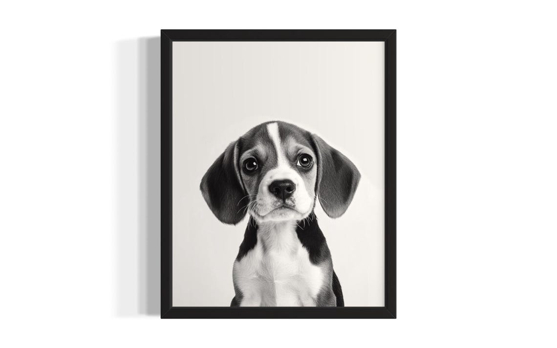 Black And White Beagle Puppy Portrait Minimalist Cute Dog Poster