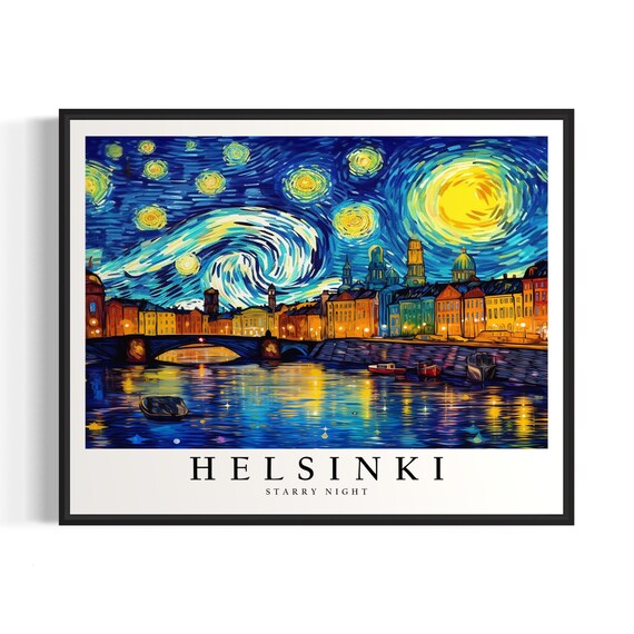 Helsinki Starry Night Harbor Bridge Waterfront Boats Night Poster